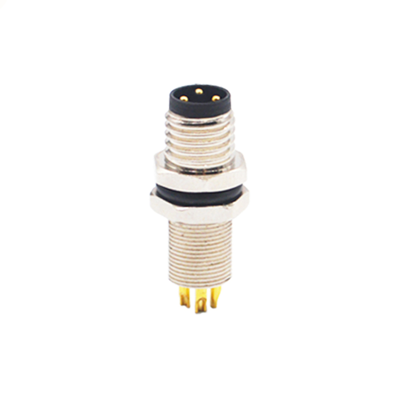 M8 3pins A code male straight rear panel mount connector,unshielded,solder,brass with nickel plated shell